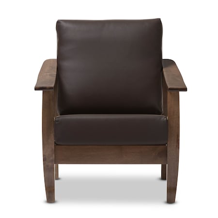 Baxton Studio Pierce Walnut Wood and Dark Brown Faux Leather 1-Seater Lounge Chair 125-6895
